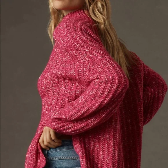 Anthropologie Pilcro Pink Chunky Knit Mock Neck Sweater Side Slits Oversized S - Picture 7 of 7
